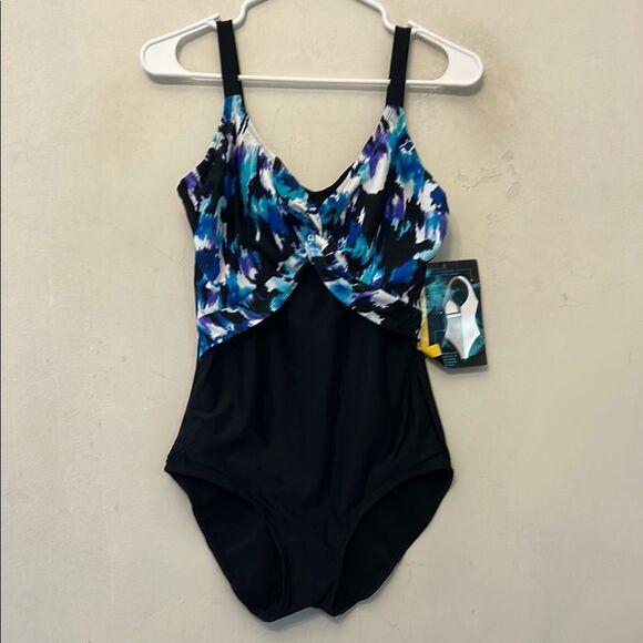 Beach Native black purple Slenderizing one piece bathing suit Size 10 New - Picture 1 of 11